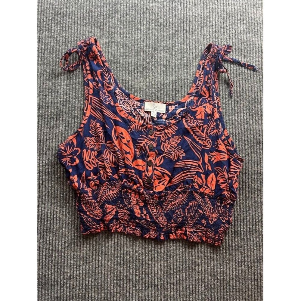 Boho Patrons of Peace Smocked Waist Tank Top Tropical Print Blue Orange [M]